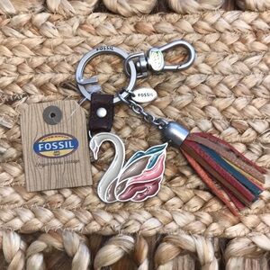 Fossil Swan Tassel Keychain - Pink, Teal & Brown